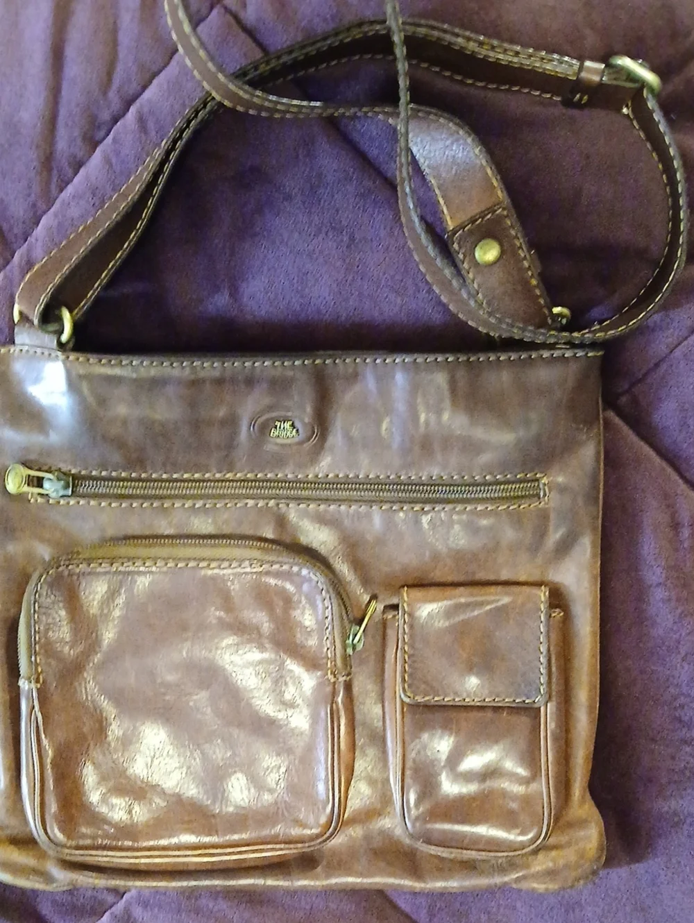 Men's Brown Leather Messenger Bag with Front Pockets